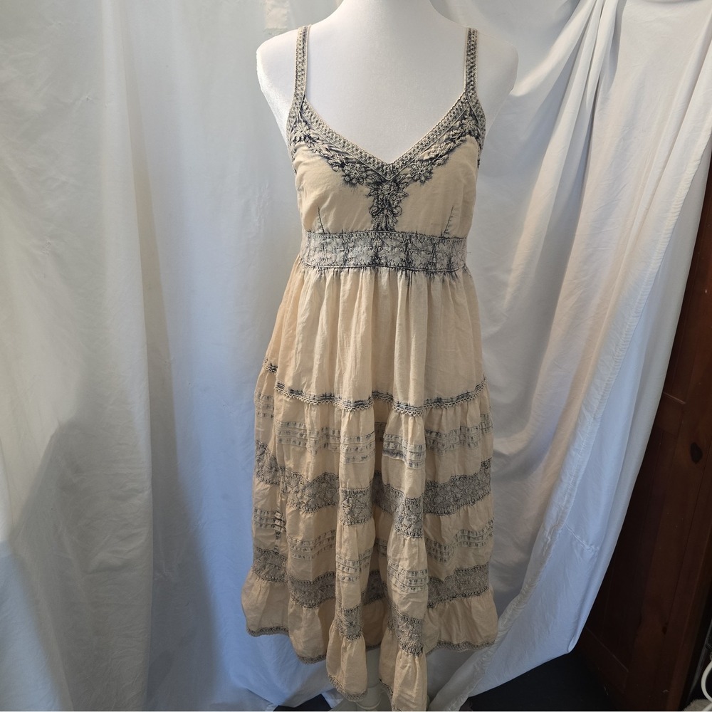 Scully Boho-chic Western Tiered Crochet Lace Sleeveless Dress Cream/blue Sz XS